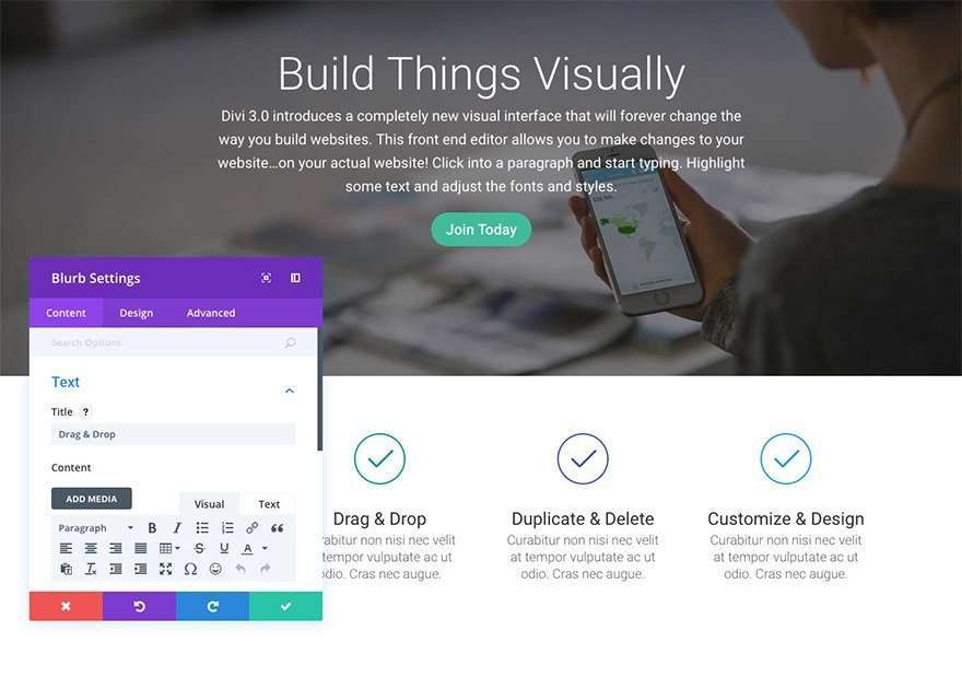 Using Divi visual builder / front end editor